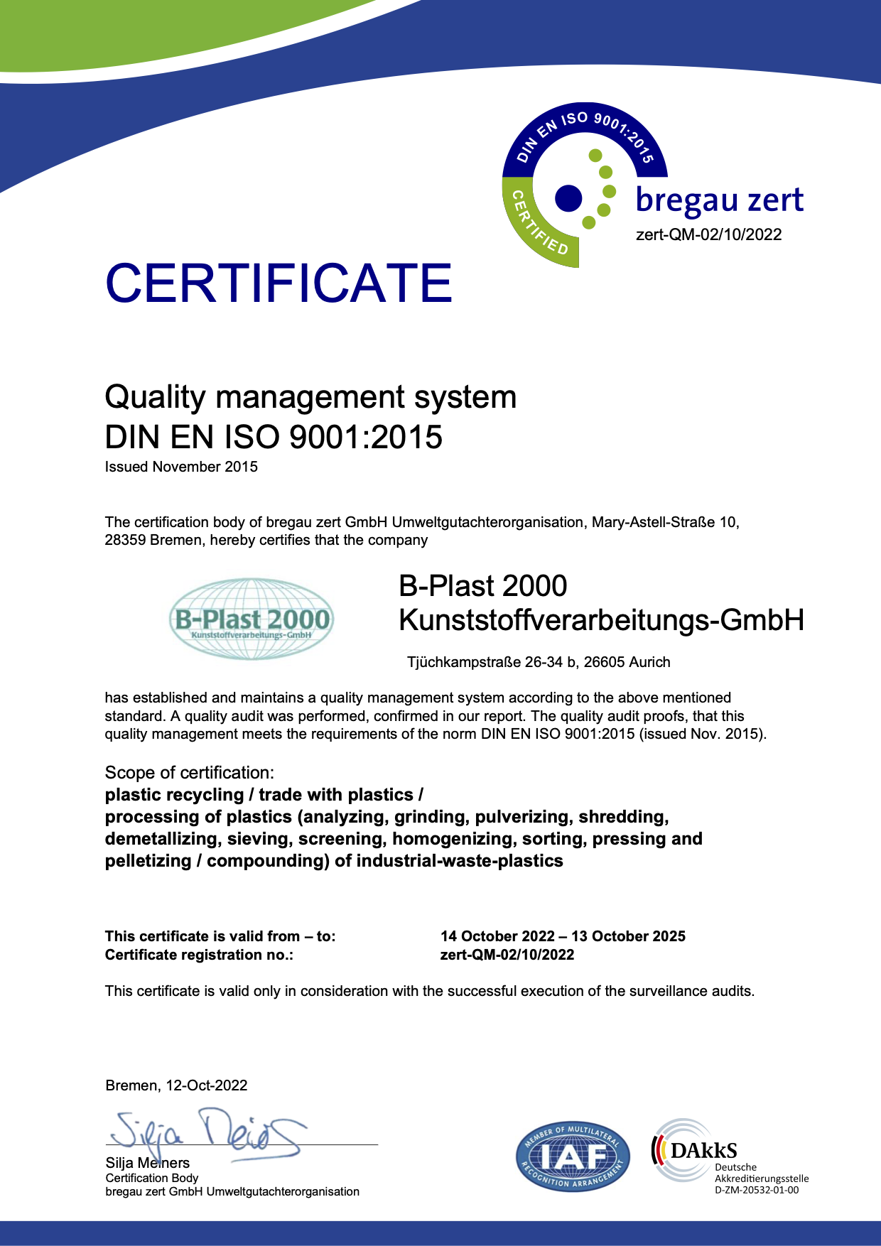 Zertifikat DIN EN ISO 140001:2015
